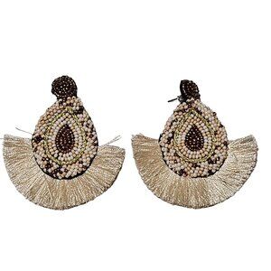 Handmade Boho Seed Beaded Tassel Dangle Earrings  Brown Tan Beads Jewelry Women